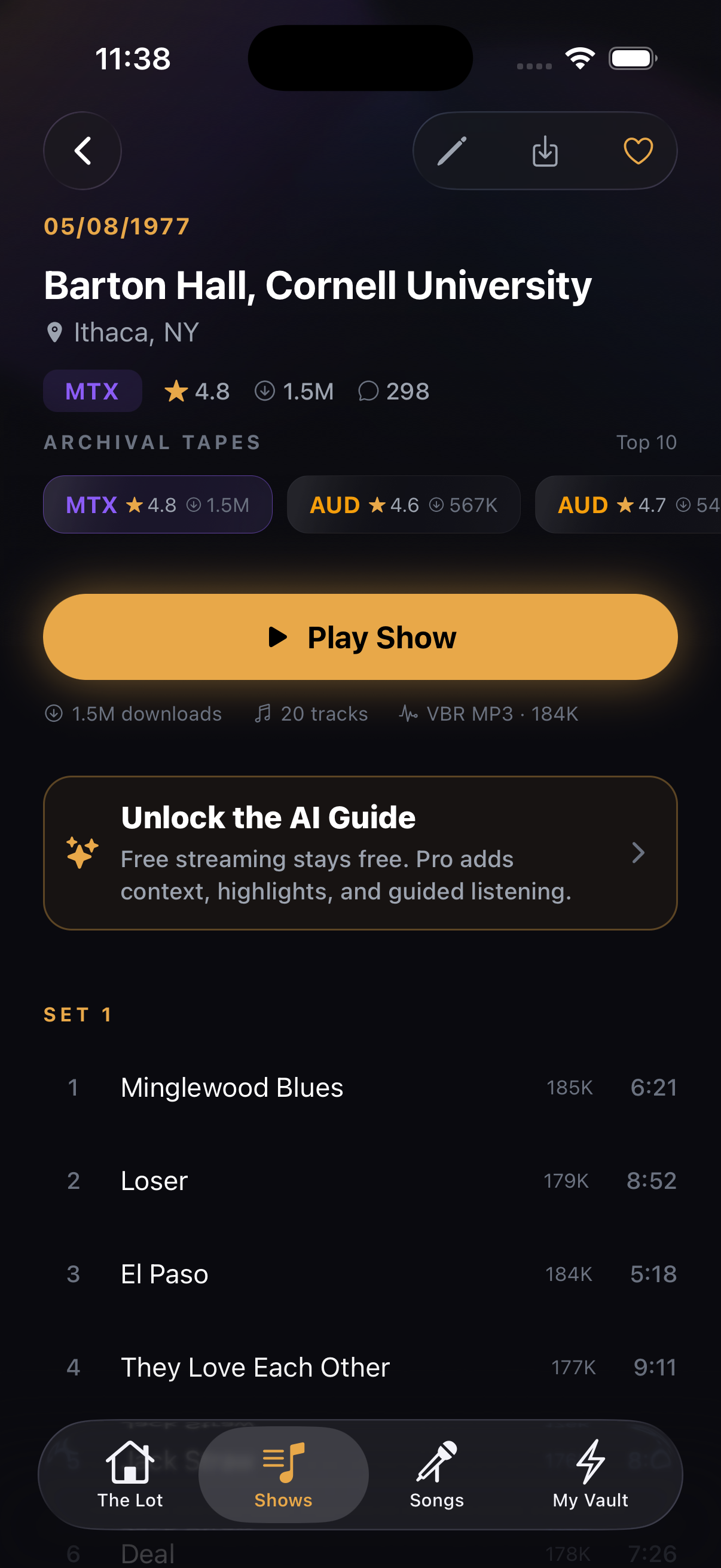 LiveVault show detail with source choices, track list, and AI guide access