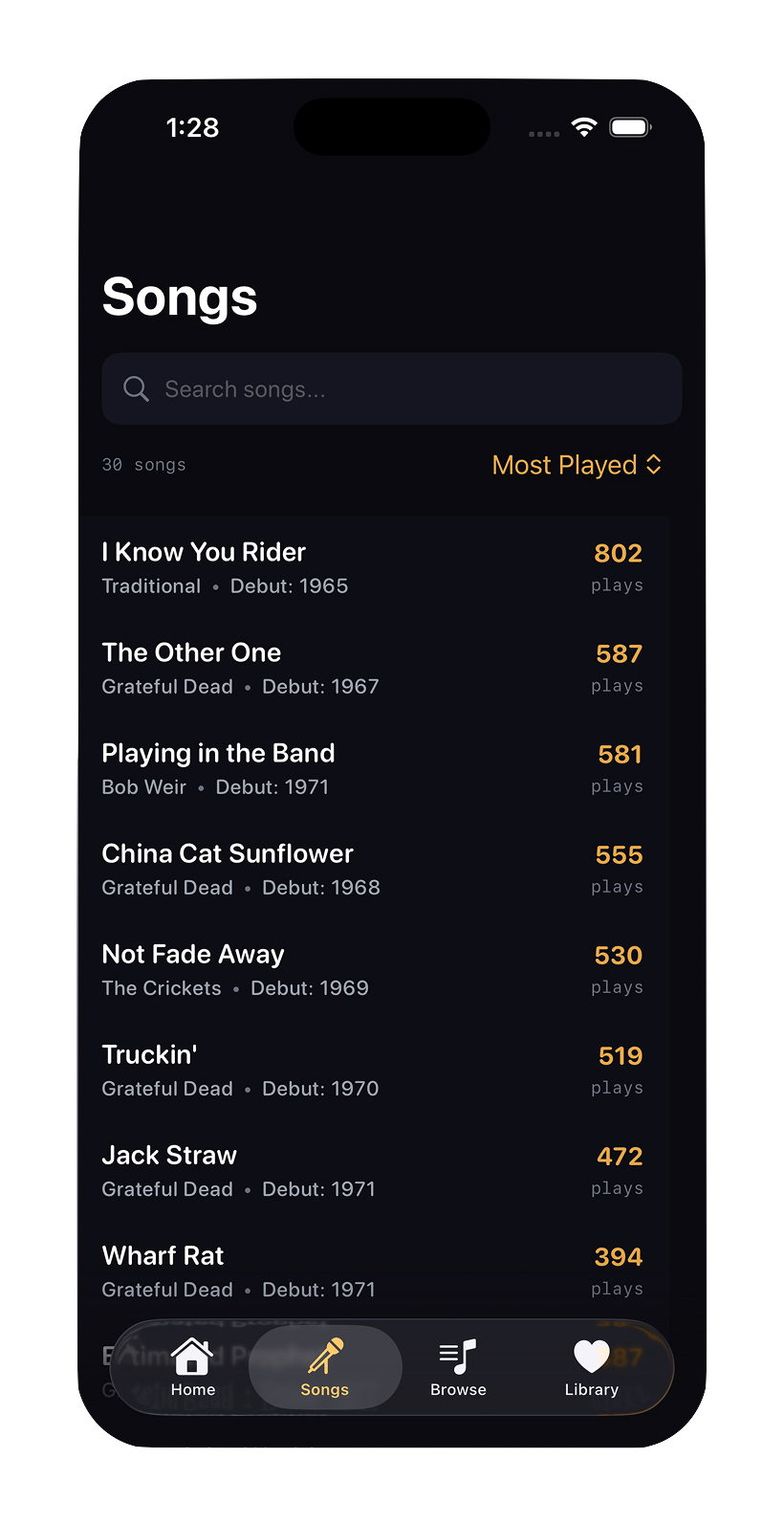 LiveVault app songs screen