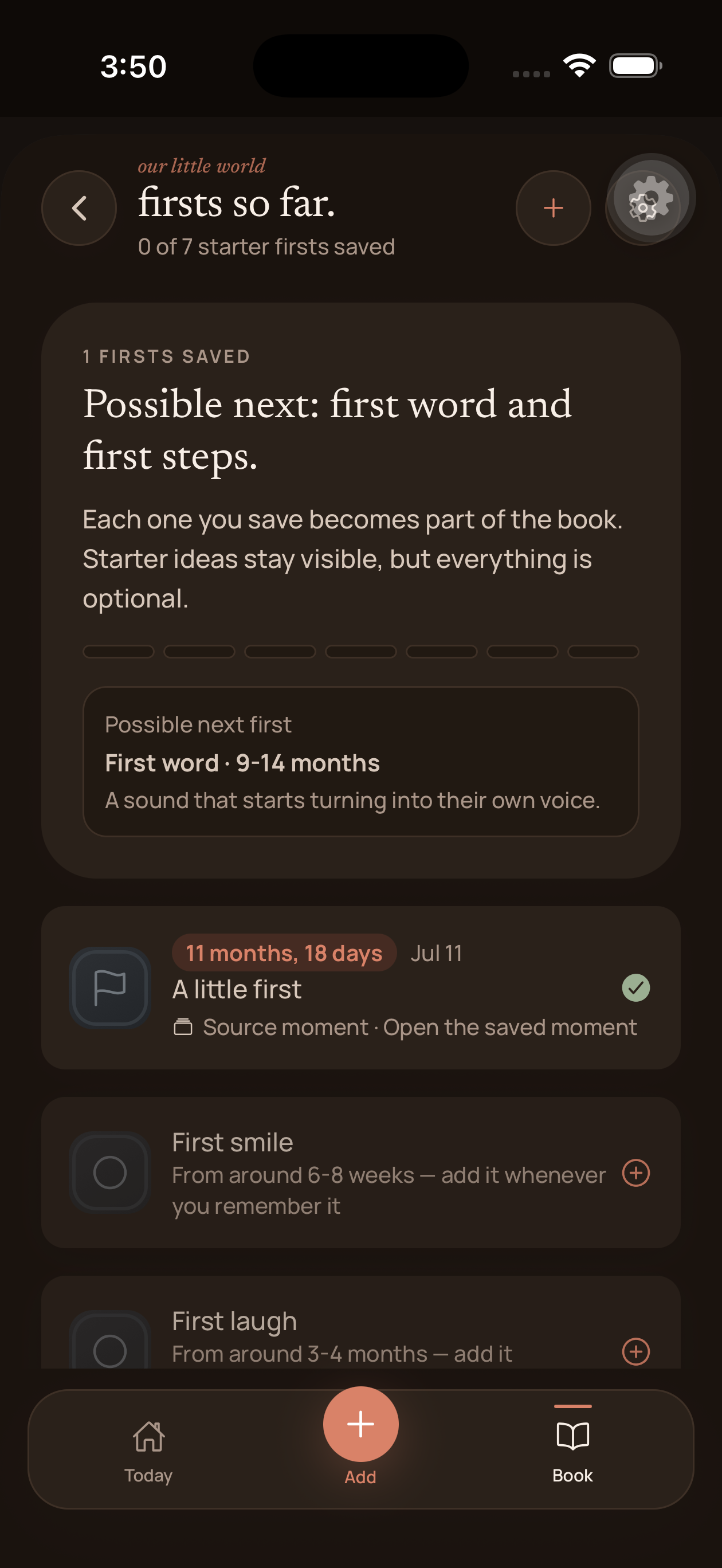 Our Little World first milestones organized inside the family book