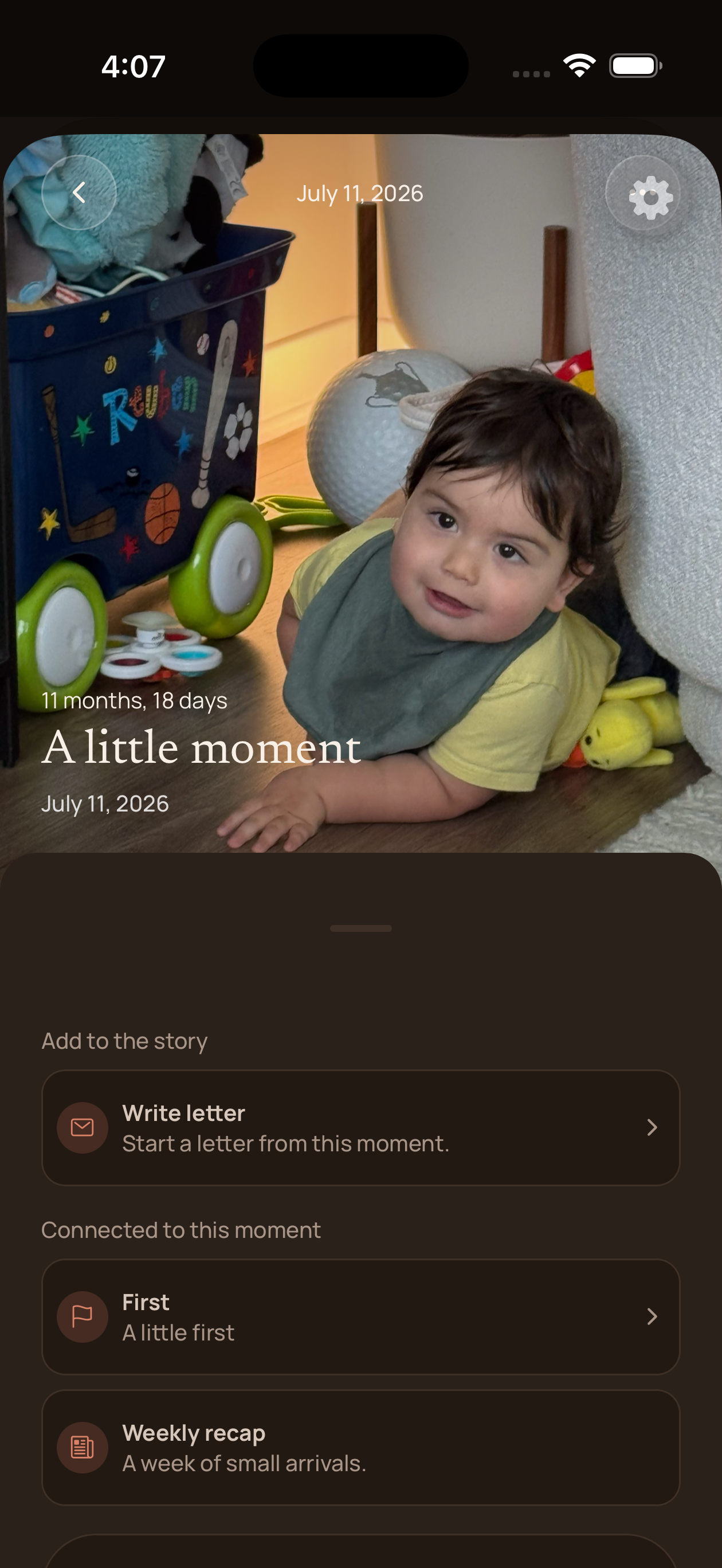 Our Little World memory detail connected to a first, letter, note, and weekly recap